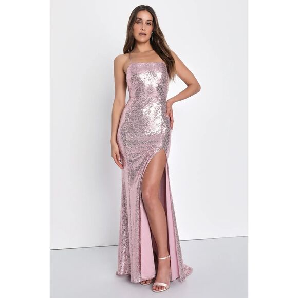 NWT ♡ Lulus ♡ Glow All Out Light Pink Sequin Lace-Up Mermaid Maxi Dress - Medium - Picture 3 of 5